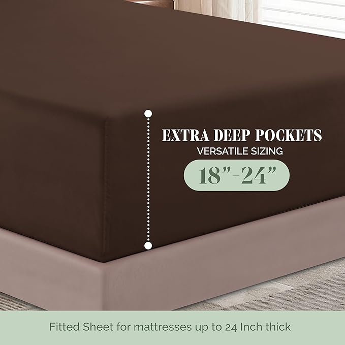Elegant Comfort Luxurious 1500 Premium Hotel Quality Microfiber 4-Piece Sheet Set, 18-24 Inches Deep - Extra Deep Pocket Sheets - Ultra Soft 4PC Deep Pocket Sheets, King, Chocolate Brown
