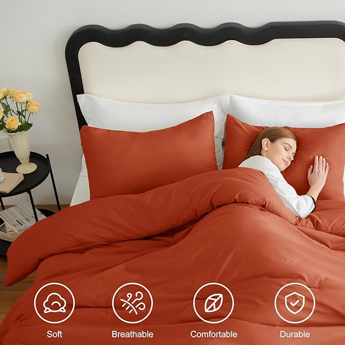 CozyLux Terracotta Full Size Comforter Set, 3 Pieces Burnt Orange Rust Solid Breathable Quilted Bedding Sets, Luxury Fluffy Soft Bed Set with Down Alternative Comforter and 2 Pillowcases All Season