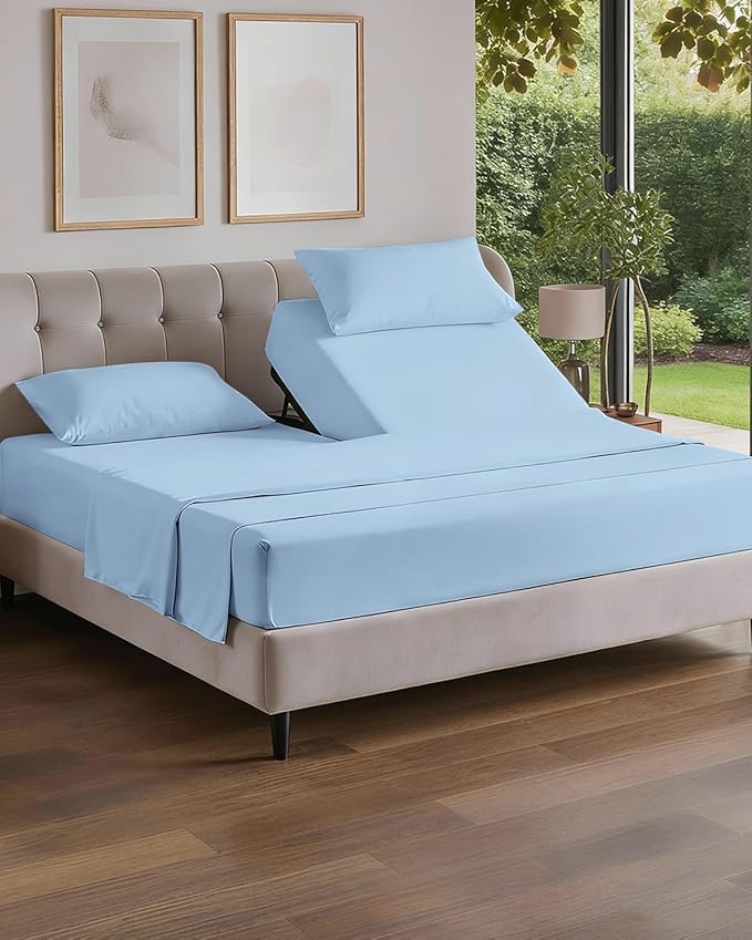Split Head King Sheet Set – 4 Piece Flex Split Top King Sheets for Adjustable Beds - Fits 14” to 16" Mattress w/ Deep Pockets - Soft, Breathable & Cooling - Luxury Bedding and Wrinkle Free - Sky Blue