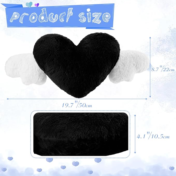 Macarrie 2 Pcs Plush Heart Shaped Pillow with Angel Wings Car Headrest Soft Comfortable Seat Pillow for Driving Travelling Room Office Car Decor, 19.7 x 8.3 Inch(Black)