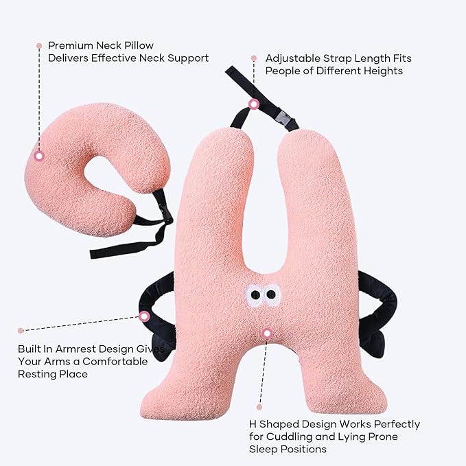Car Pillow for Kids,H-Shaped Adjustable Travel Neck Pillow for Sleeping,Soft Plush Support for Head & Neck, Long Road Trip Essentials for Boys Girls(Pink)