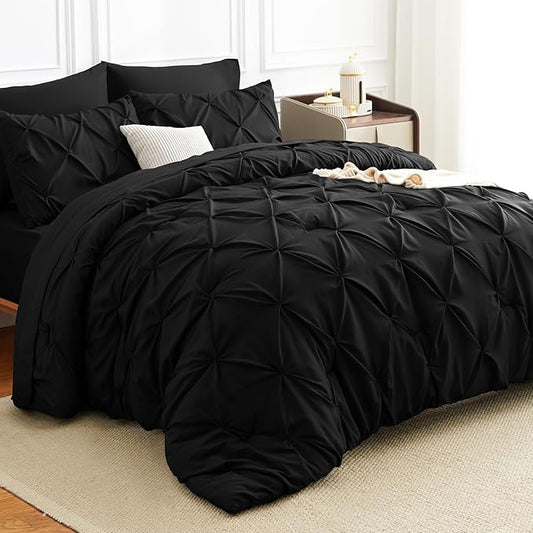 Oversized Queen Comforter Set Black, 7 Pieces Pintuck Bed in A Bag Oversized Queen Size Bedding, Soft Bed Set All Season Pinch Pleat Comforter Set with Sheets, Pillowcases & Shams