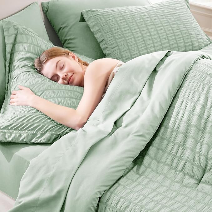 CozyLux Queen Comforter Set Sage Green Seersucker 7 Pieces Bed in a Bag Queen Comforter Set with Sheets Luxury Soft Bedding Set with Down Alternative Comforter, Sheets, Pillowcases & Shams All Season