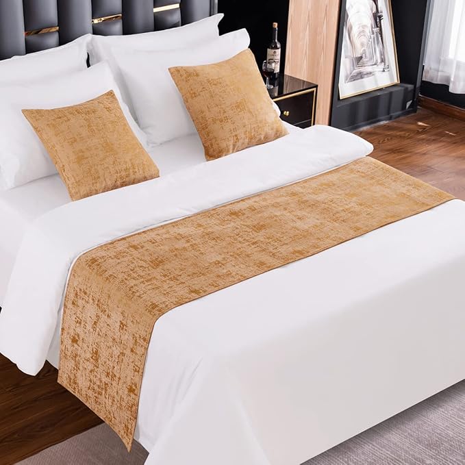 AMBERIS Bed Runner Gold, Chenille Soft No Fading Modern Bed Scarf (Pillowcases Sold Separately)