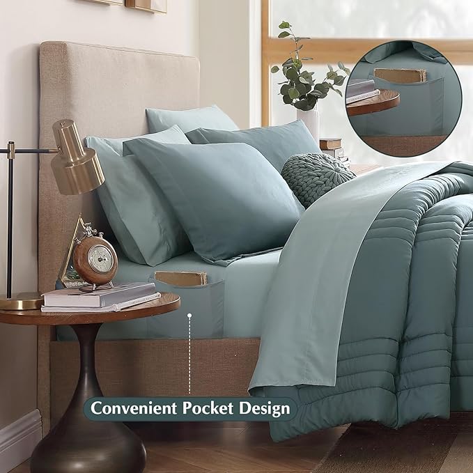 Monbix Full Comforter Set - 7 Pieces Blue Green Bed in a Bag Full Size Bedding Sets with Comforters, All Seasons Comforter with Sheets, Pillowcases & Shams