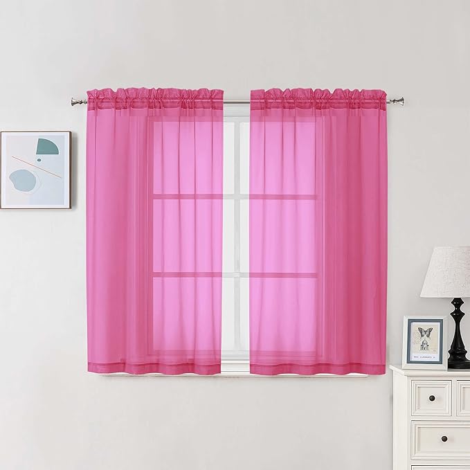 Chyhomenyc Hot Pink Sheer Curtains 45 Inch Long 2 Panels, Light Filtering Short Soft Airy Short Cafe Curtains, Modern Rod Pocket for Dinning Living Room Bedroom, 42Wx45L Inches