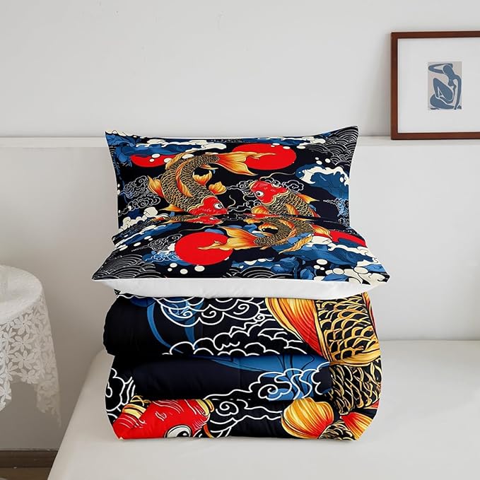 Feelyou Japanese Bedding Set Japanese Ukiyoe Fish Comforter Set for Kids Boys Girls Teens Decor Ocean Surfing Koi Comforter Exotic Quilt for All Season 3Pcs King Size with 2 Pillow Case