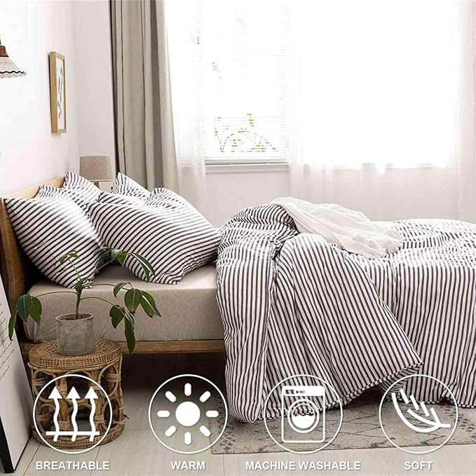 Nanko Striped Queen Size Duvet Cover Set, White and Grey Stripe Print Pattern 3 PCS - Microfiber Bedding Sets Comforter Cover Zip, Tie - Modern Farmhouse Style for Men and Women Teen, 90 X 90 in Gray