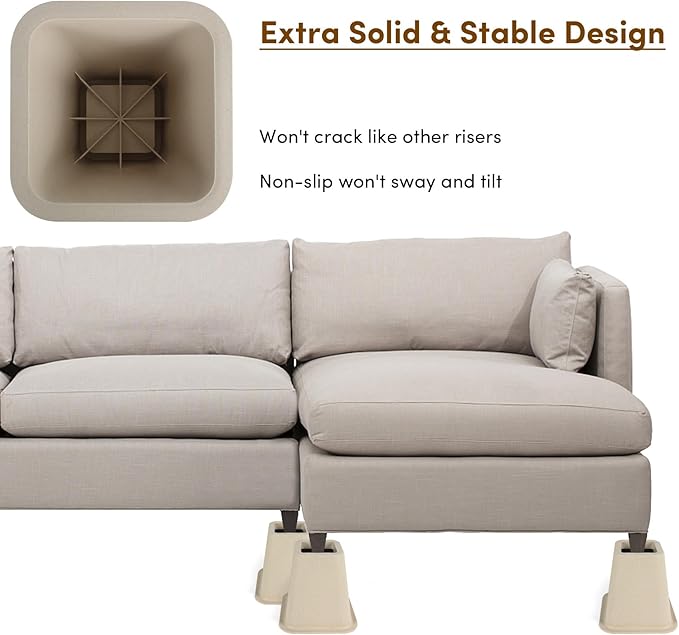 DEDU Bed Risers 6 Inch Heavy Duty 6 Pack, Furniture Risers for Sofas Oversized, Couch Risers with Non-Slip Pad Supports Up to 2200 Lbs for Bed, Desk, Chair (Beige)