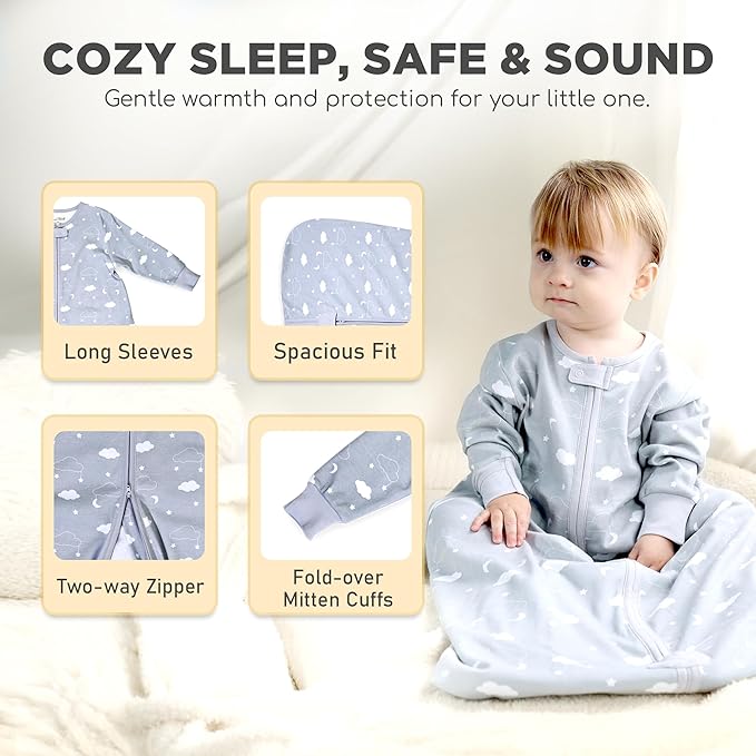 Mama Cheetah Baby Sleep Sack with Sleeves, 0.5 TOG Organic Cotton Wearable Blanket and Two-Way Zipper, Swaddle Transition Long Sleeve Sleeping Bag for Newborn Infant Toddler, 24-48 Months