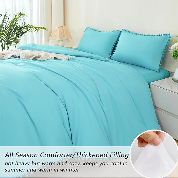 PERFEMET 5 Pcs Teal Blue Girls Bedding Set Queen Size Boho Pom Pom Cute Bedding Comforters for Kids Soft Fluffy Down Alternative Solid Bed in A Bag with Sheet Set(Teal Blue, Queen)