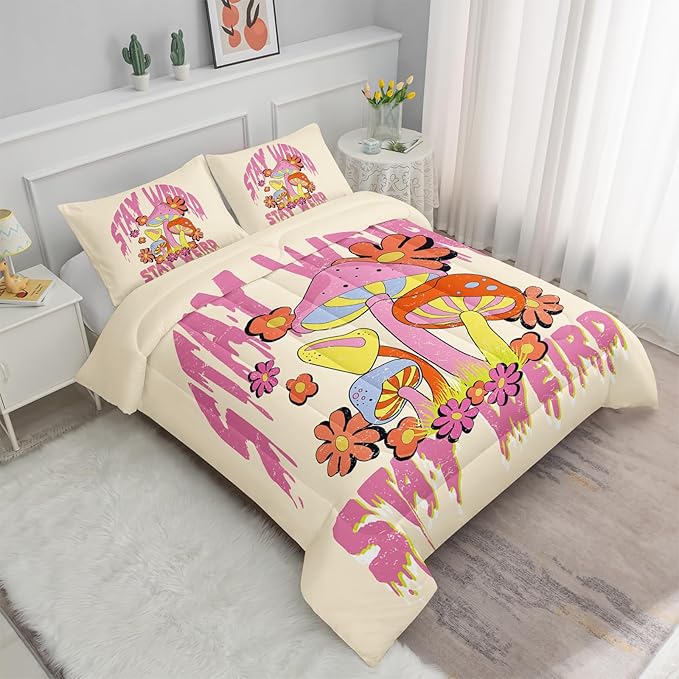 Axolotl Cartoon Mushroom Comforter Set Full,Colorful Mushrooms Bedding Girls Bedding Set,Floral Comforter Set Red Pink Flower,Cute Mushroom Bedding Set for Kids Boys Girls Teens,1 Quilt 2 Pillowcases