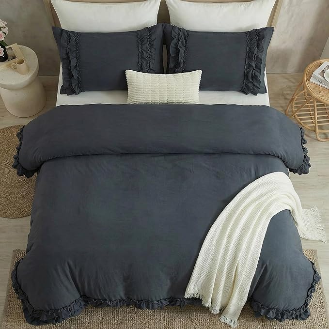 Bedorm Navy Ruffle Duvet Cover Vintage Queen Bedding Set Navy Blue Lace Fringe Ruffled Bedroom Decor Shabby Chic Boho Comforter Cover with Pillowcases