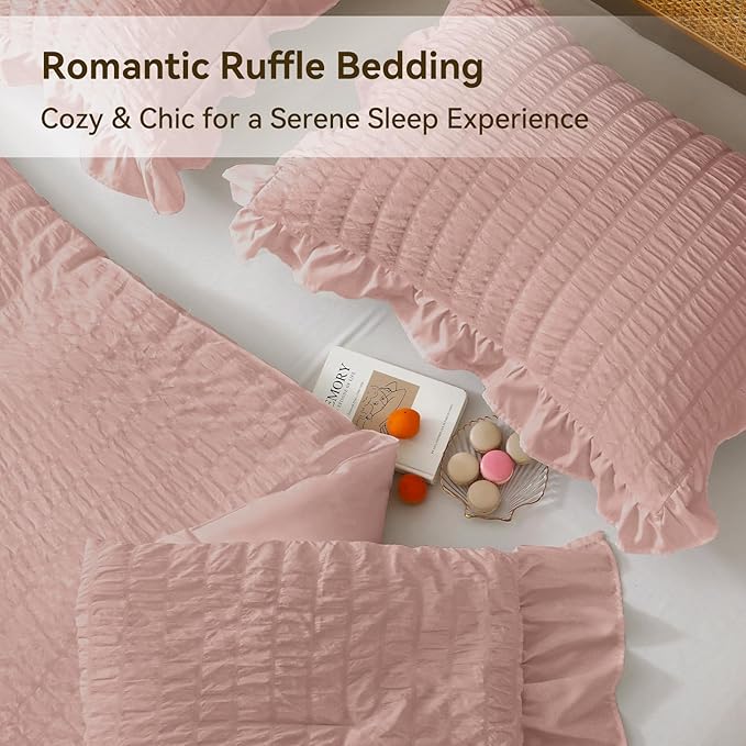 JOLLYVOGUE Twin Size Comforter Set, 2 Pieces Rose Gold Seersucker Lightweight Fluffy Bedding Set, Twin Ruffle Comforter, All Season Soft Microfiber Shabby Chic Bed Set