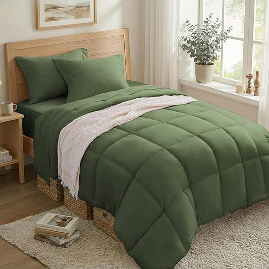 Anluoer Twin Size Bed in a Bag 5 Pieces, Olive Green Bed Comforter Set with Sheets, All Season Bedding Sets with 1 Comforter, 1 Pillow Sham, 1 Pillowcase, 1 Flat Sheet, 1 Fitted Sheet