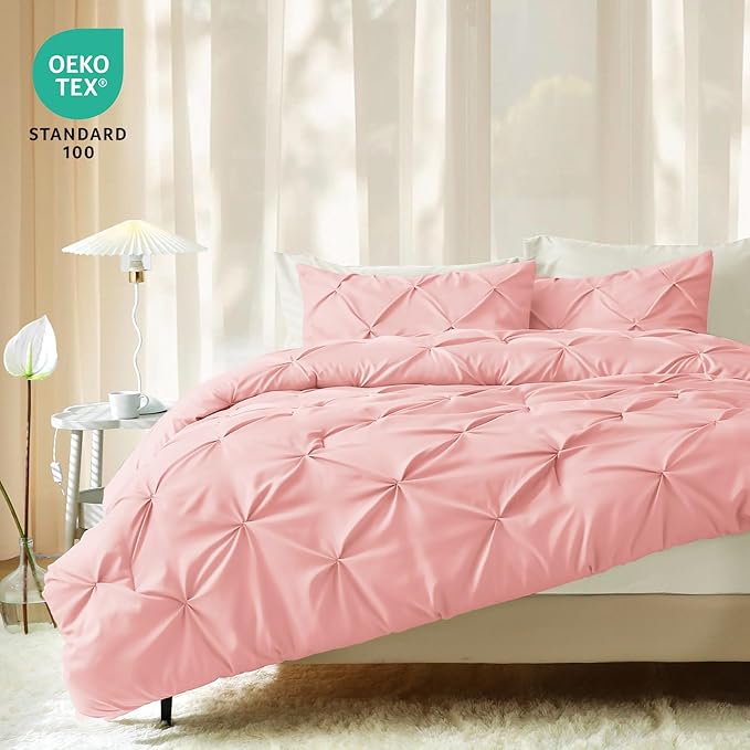 JOLLYVOGUE King Size Comforter Set 7 Pieces - Bed in a Bag King for All Season, Pintuck Bedding Comforter Sets with Comforter, Flat Sheet, Fitted Sheet and Pillowcases & Shams, Pink & Ivory