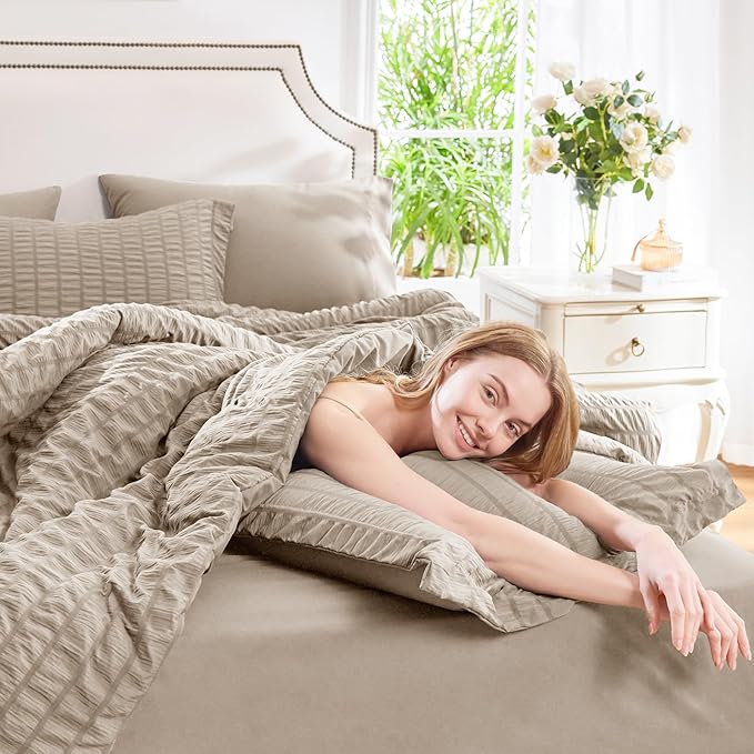 CozyLux King Size Comforter Set Khaki Seersucker 7 Pieces Bed in a Bag King Comforter Set with Sheets, Luxury Soft Bedding Set with Down Alternative Comforter, Sheets, Pillowcases & Shams All Seasons