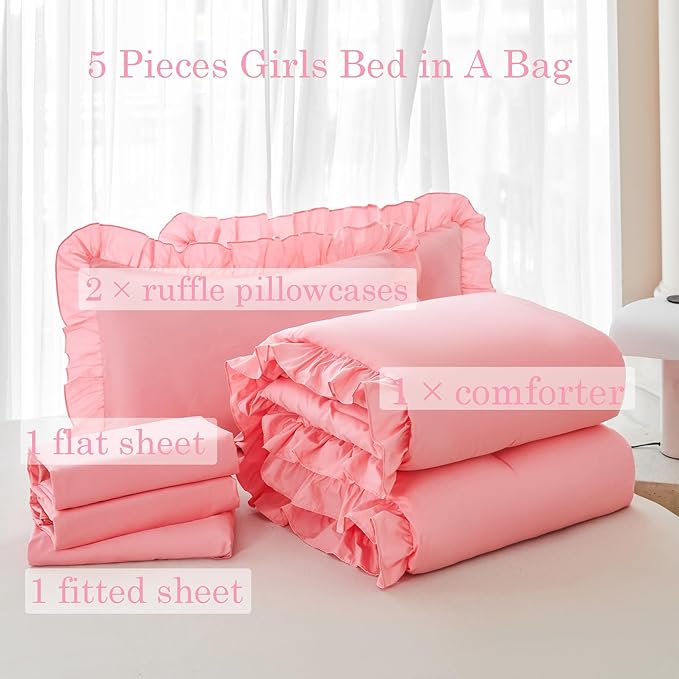 ANGIYUIN Coral Pink Twin Size Comforter Set for Girls 5Pcs Ruffled Kids Bed in A Bag with Sheets Farmhouse Boho Bedding Sets Lightweight Fluffy Microfiber Bed Set(Coral Pink Twin)