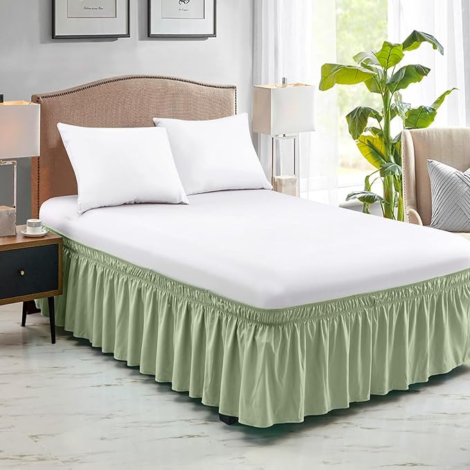 FreshCulture Elastic Wrap Around Bed Skirt - Easy Fit with 15-Inch Tailored Drop, Hotel Quality Dust Ruffle for Full Size Bed (Sage Green)