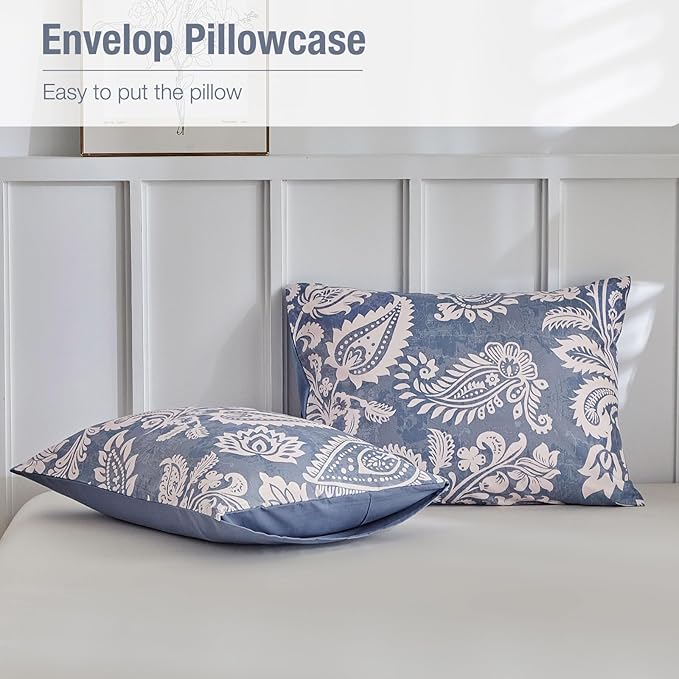 Lekesky Blue Duvet Cover Queen Size, Paisley Patterned Duvet Cover Set with Zipper, 3 Pcs Soft Microfiber Duvet Cover Floral Bedding Set (1 Queen Duvet Cover 90"x90", 2 Pillowcases 20"x26")