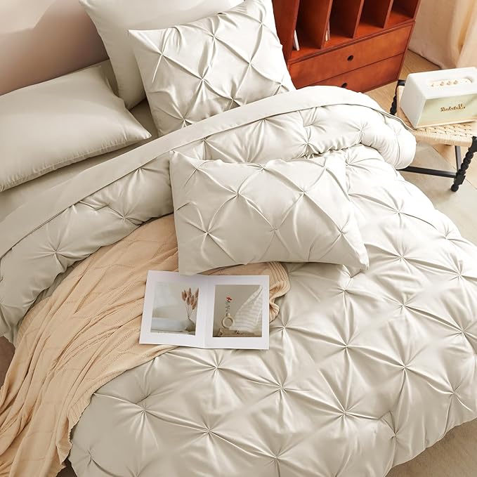 California King Comforter Set Beige, 7 Pieces Pintuck Bed in A Bag Cal King Size Bedding, Soft Bed Set All Season Pinch Pleat Comforter Set with Sheets, Pillowcases & Shams