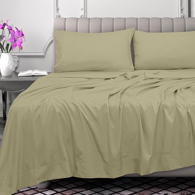 Royale Linens 300 Thread Count 100% Long Staple Combed Cotton Flat Sheet - Super Soft - Top Sheets - Twin Flat Sheet Sold Separately - Breathable, Cool & Crisp Percale Sheets Only (Twin, Sage Green)