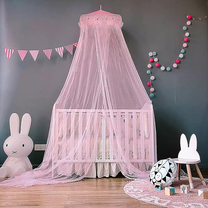 VISATOR Mosquito Net Bed Canopy for Girls,King Canopy Bed Curtains Queen Size from Ceiling,Dome Mosquito Netting Bed Tent Twin Girls Canopy Bed Decor for Baby Crib,Kid Bed and Adult Beds (Pink Dome)