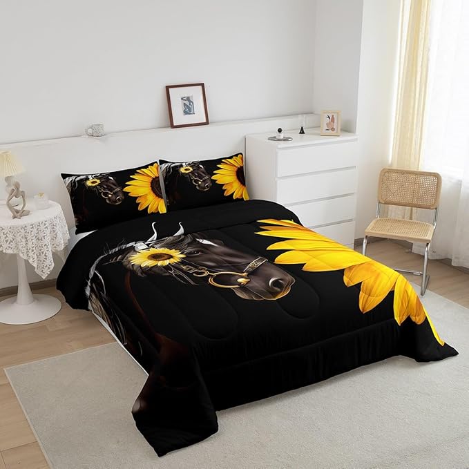 Erosebridal Horse Comforter Set Full,Sunflower Horse Bedding Set for Boys Girls Teens Adults,Western Cowboy Farmhouse Down Comforter Farm Animal Quilt Duvet Sets Bedroom Decor 2 Pillow Cases Black