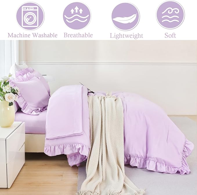 ANGIYUIN 5 Pieces Purple Comforter Set Twin Lavender Ruffle Bed in A Bag with Sheet Sets Solid Color Farmhouse Bedding Sets Soft Microfiber Bed Sets for Girls Kids(Purple Twin)