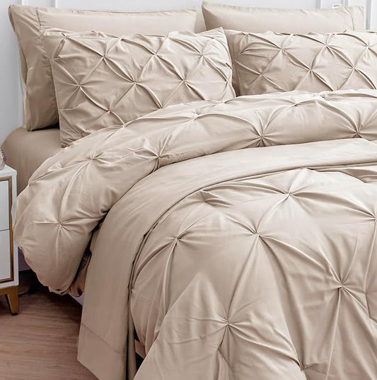 LANE LINEN Full Size Comforter Set – 7 Piece Pintuck Bed in a Bag - Bedding Set of 1 Comforter, 1 Flat & 1 Fitted Sheets, 2 Pillowcases & 2 Shams – All Season Soft Bedding for Full Size Beds – Beige | Year-round comfort, Durable stitching, Smooth soft ...