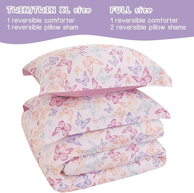 Yibeizi Butterfly Kids Comforter Set for Girls Full Size, Cute Quilted Lavender Printed Bedding Set with Pillow Sham, Lightweight Soft Breathable Machine Washable Bed Set 3 Piece