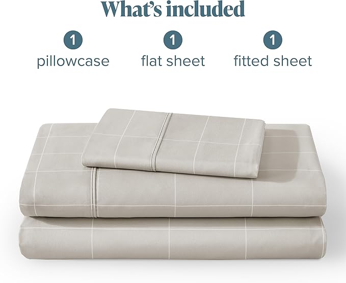 Bare Home Twin XL Sheet Set - College Dorm Size - 1800 Ultra-Soft Microfiber - Deep Pockets - Easy Fit - 3 Piece Set - Bed Sheets (Twin XL, Grid - Stone/White)