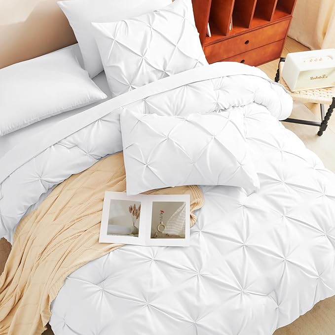 Oversized King Comforter Set White, 7 Pieces Pintuck Bed in A Bag Oversized King Size Bedding, Soft Bed Set All Season Pinch Pleat Comforter Set with Sheets, Pillowcases & Shams