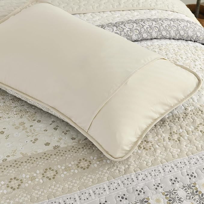 WONGS BEDDING Boho Quilt Set Full Size,Beige Bohemian Striped Patchwork Bedspread Set,3 Pieces Microfiber Bedding Set for All Seasons (78"×90")