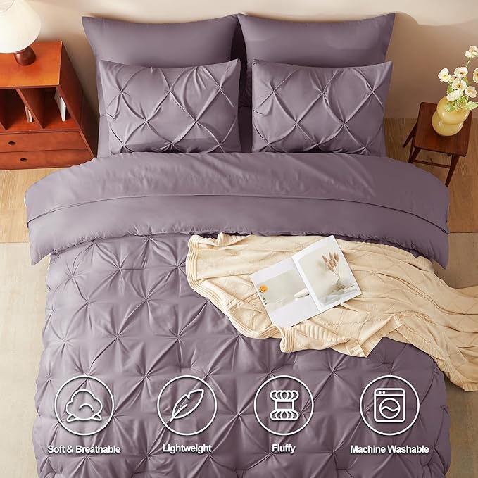 King Comforter Set Dusty Purple, 7 Pieces Pintuck Bed in A Bag King Size Bedding, Soft Bed Set All Season Pinch Pleat Comforter Set with Sheets, Pillowcases & Shams