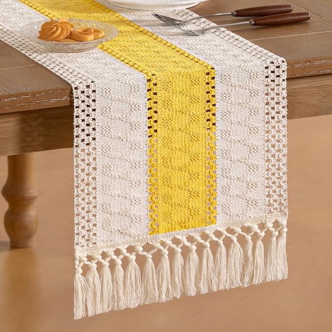 Socomi Boho Table Runner Valentine's Day Farmhouse Rustic Dining Kitchen Centerpiece Decor Small Macrame Woven Cotton Coffee Table Runner for Dresser Scarf Home Decor 12x36 in Yellow Gold Ivory