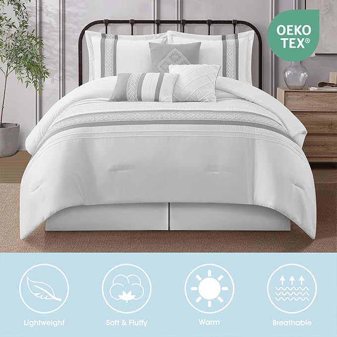 7 Piece Comforter Set, Grey White, California King, Boho Style Geometric Microfiber Embroidery, Bed in a Bag with Bedskirt, Pillow Shams and Decor Pillows