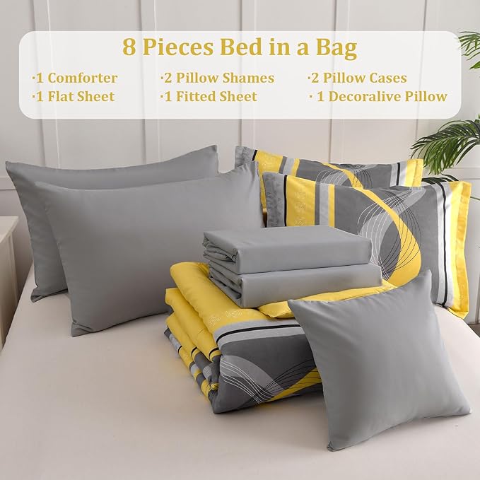 Anibedding Yellow Comforter Set King Size,8 Pieces Bed in a Bag Patchwork Striped Bedding Sets,Boho Soft Microfiber Bedding Set for All Season(104"×90")