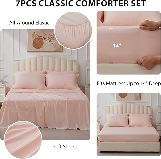 King Comforter Set Pink - Bed in a Bag King Size 7 Pieces, Soft Bedding Set for All Seasons, Premium King Comforter Set with Comforter, Sheets, Pillowcases & Shams