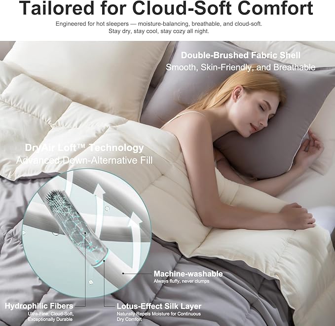 KASENTEX Queen Comforter Set – Reversible Dual Color – Goose Down Alternative – Ultra-Soft, Lightweight, Machine Washable, Maintain Fluffiness, All Season Warmth (Gull/Jet Stream)