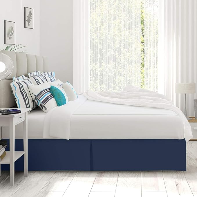 Pleated Bed Skirt 10 Inch Drop Queen Size – Wrinkle-Free Microfiber – Dust Ruffle with Split Corners Navy