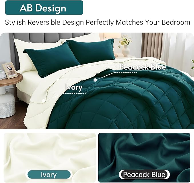 MUXHOMO 5 Pieces Twin XL Comforter Set, Reversible Bed in a Bag Twin XL Size, All Season Bedding Set with Comforter, Flat Sheet, Fitted Sheet, Pillowcases & Shams, Peacock Blue & Ivory