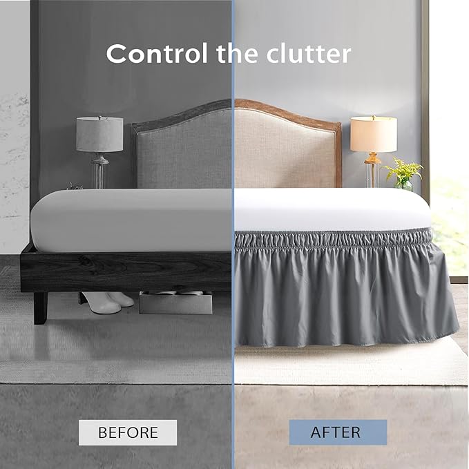 FreshCulture Elastic Wrap Around Bed Skirt, Queen Size, Easy Fit with 15-Inch Tailored Drop, Hotel Quality Dust Ruffle (Dark Grey)