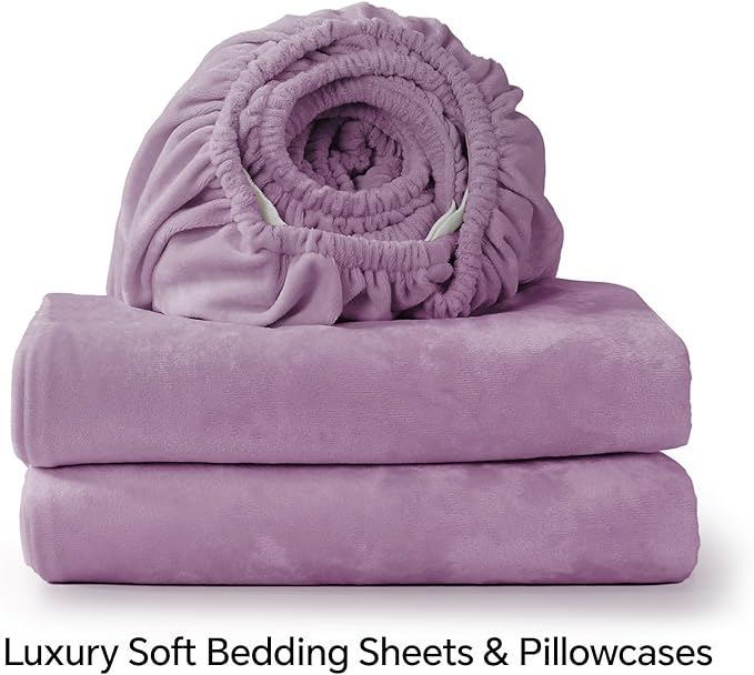 BEDELITE Velvet Fitted Sheet and Pillowcases Set, Luxury Soft Fuzzy Bottom Sheet with Reinforced Elastic Corner Straps, Deep Pocket up to 15 Inch, 1 Fitted Sheet and 1 Pillowcases (Twin, Lavender)
