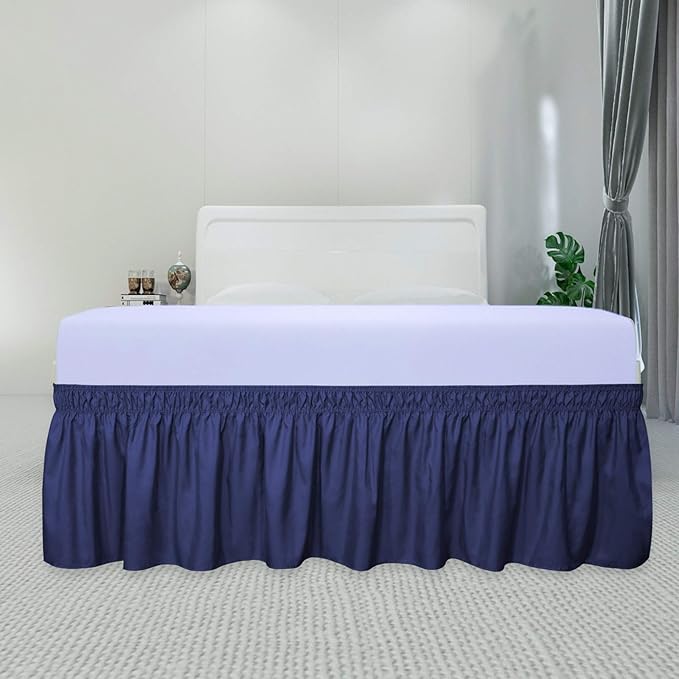 PureFit Wrap Around Ruffled Bed Skirt with Adjustable Elastic Belt - 18 Inch Drop Easy to Put On, Wrinkle Free Bedskirt Dust Ruffles, Bed Frame Cover for Twin,Twin XL and Full Size Beds, Navy