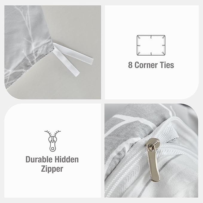 Lekesky Reversible Duvet Cover King Size, Grey White Branch Comforter Cover King 3pcs Microfiber Botanical Bedding Set with Zipper Closure Corner Ties