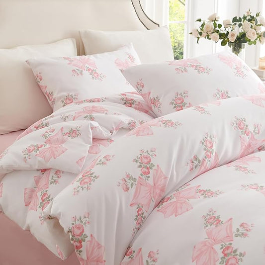 Nayoroom Pink Bow Duvet Cover Full Size Coquette Pink Floral Duvet Cover 3 Pieces Soft Lightweight Microfiber Girls Cute Aesthetic Dorm Bedding Set