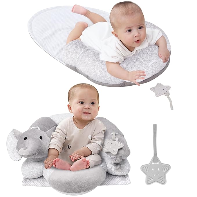 Lovvie & Joy 2-in-1 Tummy Time Mat & Seated Support Pillow,Baby Tummy Time Pillow Support for Newborns and Older Babies,with Detachable Support Pillow and Toys Elephant