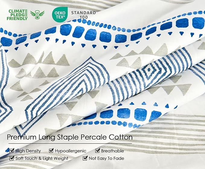 SLEEPBELLA Boho Queen Size Duvet Cover Set - Cotton Reversible Blue/White with Button Closure & Soft, Breathable Fabric