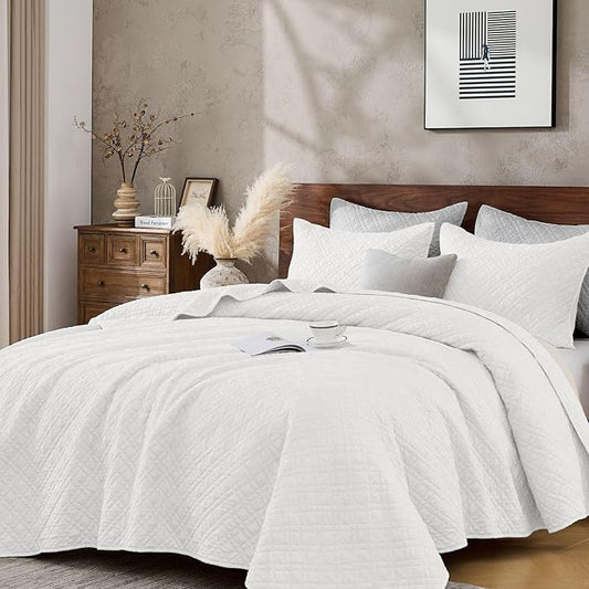 Queen Quilt Set with Shams Lightweight Quilted Bedspread Coverlet Thin Comforter Bed Cover Vintage Washed Quilted Blanket for All Season, Brushed Microfiber Diamond Stitching, White, 88"x92"